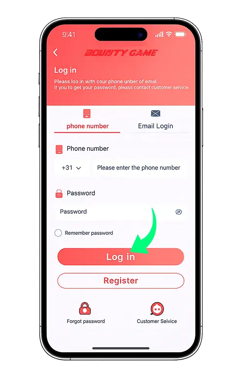 Bounty Game login screen on mobile