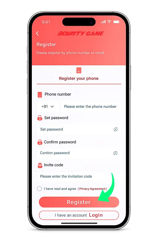 Bounty Game registration screen on mobile